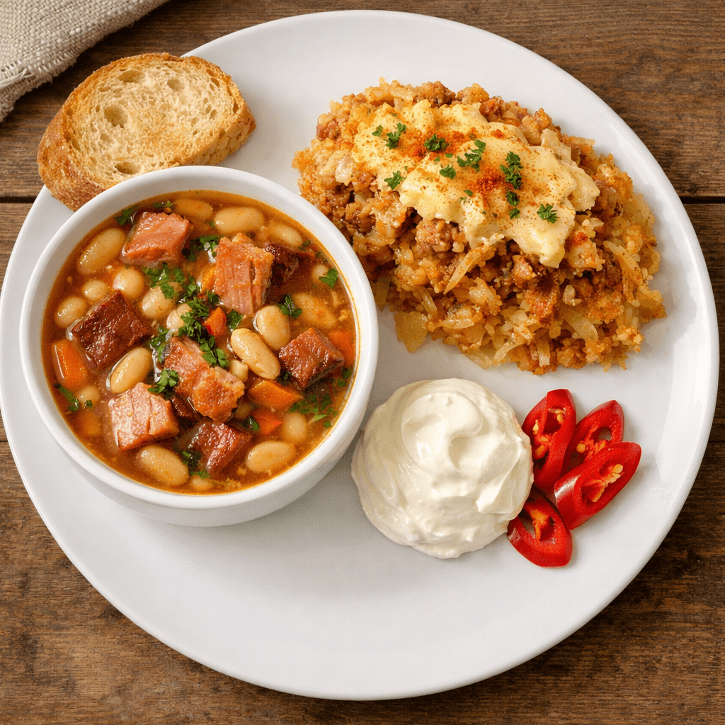 Meniul zilei friday - V1: Ciorba fasole boabe ,afumatura , Varza a la Cluj , smantana ardei iute