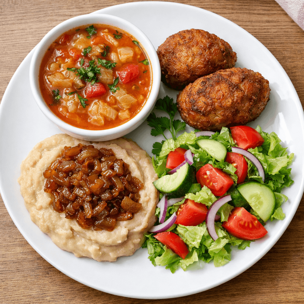 Meniul zilei friday - V1: Ciorba de varza cu rosii si apio Parjoale moldovenesti, Fasole batuta , ceapa caramelizata , salata