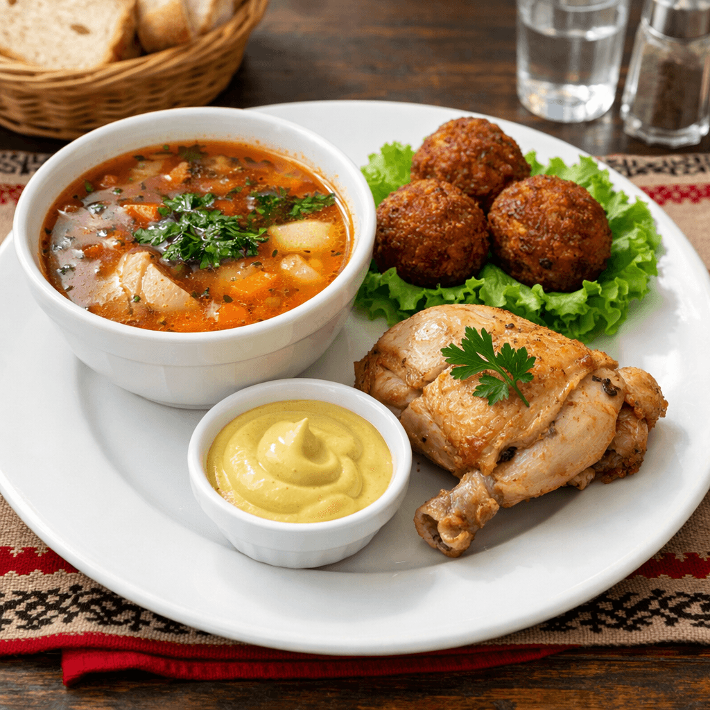 Meniul zilei friday - V2: Bors moldovenesc ,carne de gaina , Chiftele ,sos mustar