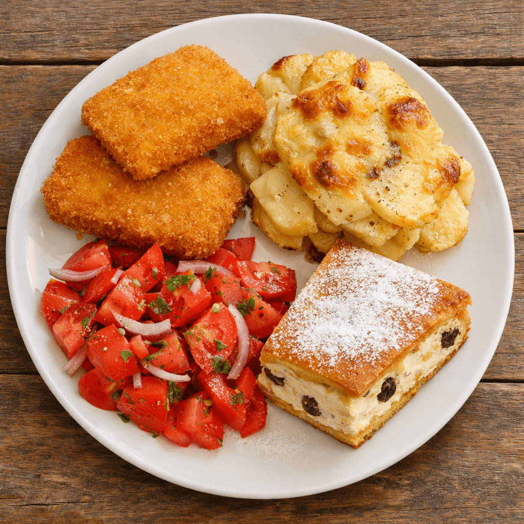 Meniul zilei friday - V3: Cascaval pane , cartofi gratinati , salata rosii, Placinta cu branza dulce si stafide