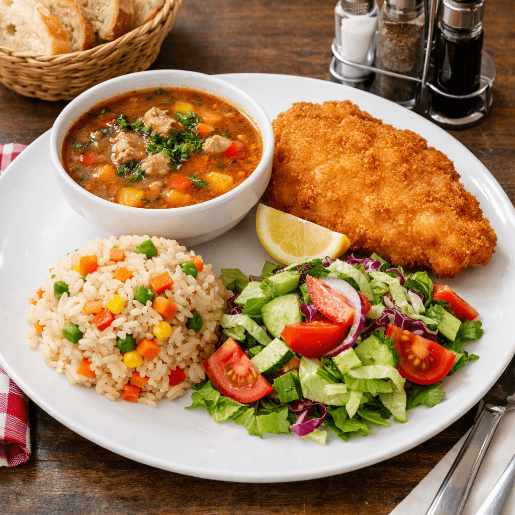 Meniul zilei monday - V2: Ciorba taraneasca de porc , Snitel de pui parizian, Orez cu legume ,salata 
