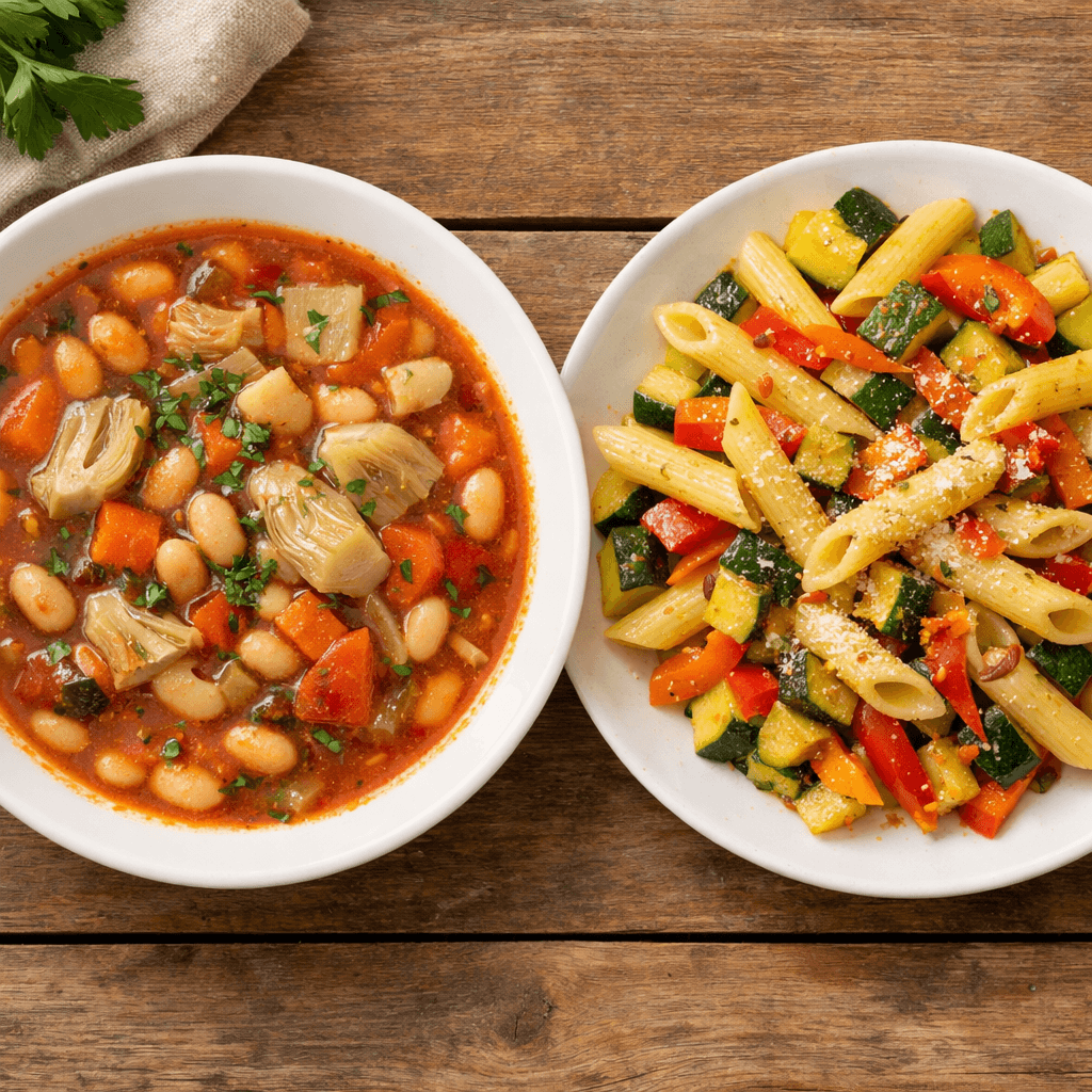 Meniul zilei monday - V3: Ciorba de fasole boabe cu anghinare, Penne con verdure ( dovlecel ,zuchini,.morcov ,arde gras  chili)