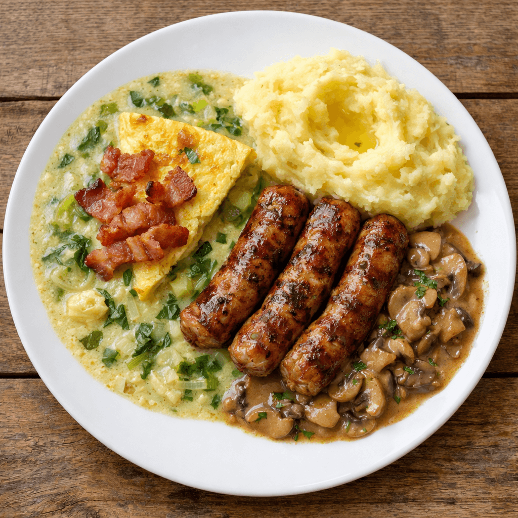 Meniul zilei thursday - V1: Ciorba de salata cu omleta si bacon, Carnaciori proaspeti prajiti cu sos, de ciuperci si piure cartofi