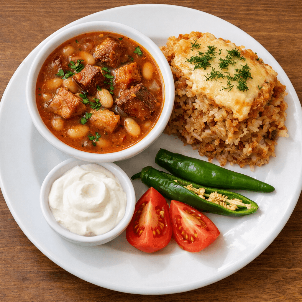 Meniul zilei tuesday - V1: Ciorba de fasole cu afumatura , Varza a la Cluj,smantana ,ardei iute