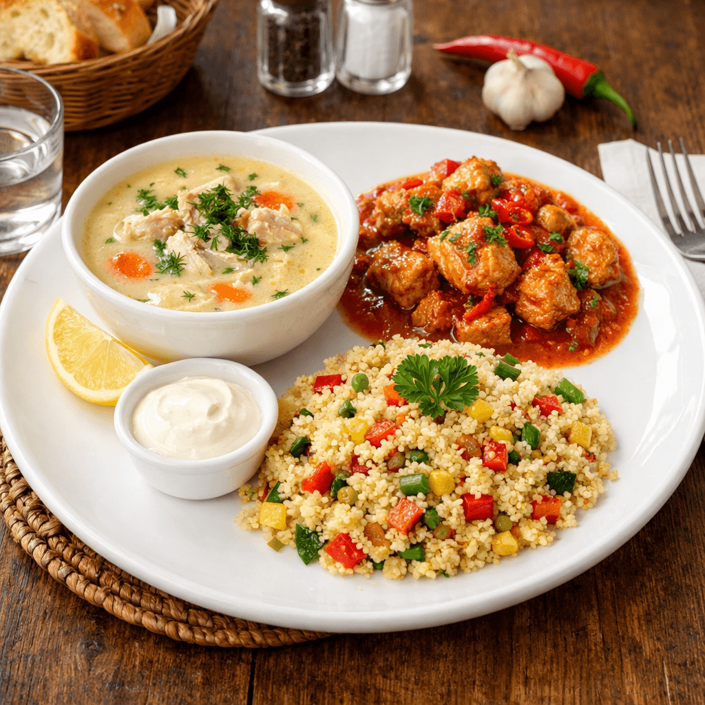 Meniul zilei tuesday - V2: Ciorba radauteana pui, Tocanita picanta de pui, cus cus cu legume