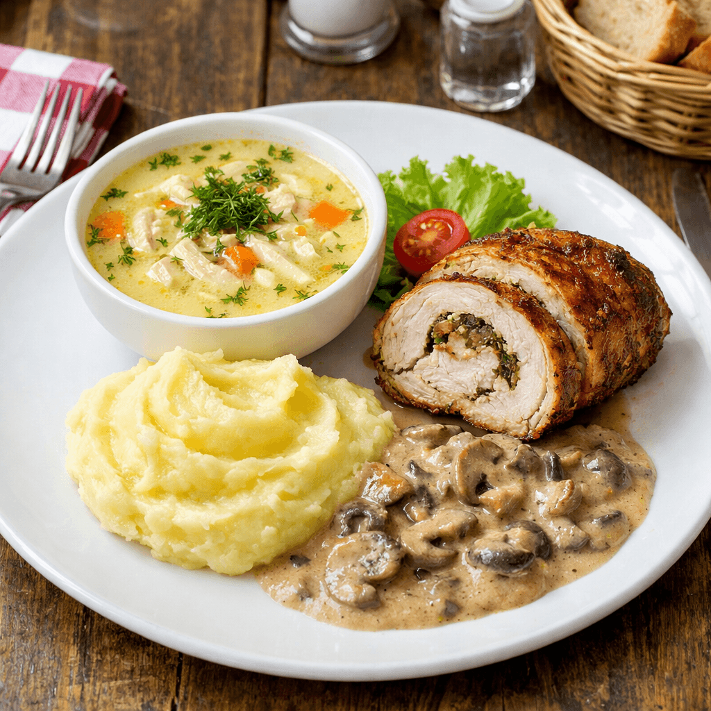 Meniul zilei tuesday - V2: Ciorba radauteana carne pui, Rulada din carne de porc, Cartofi piure ,.sos ciuperci