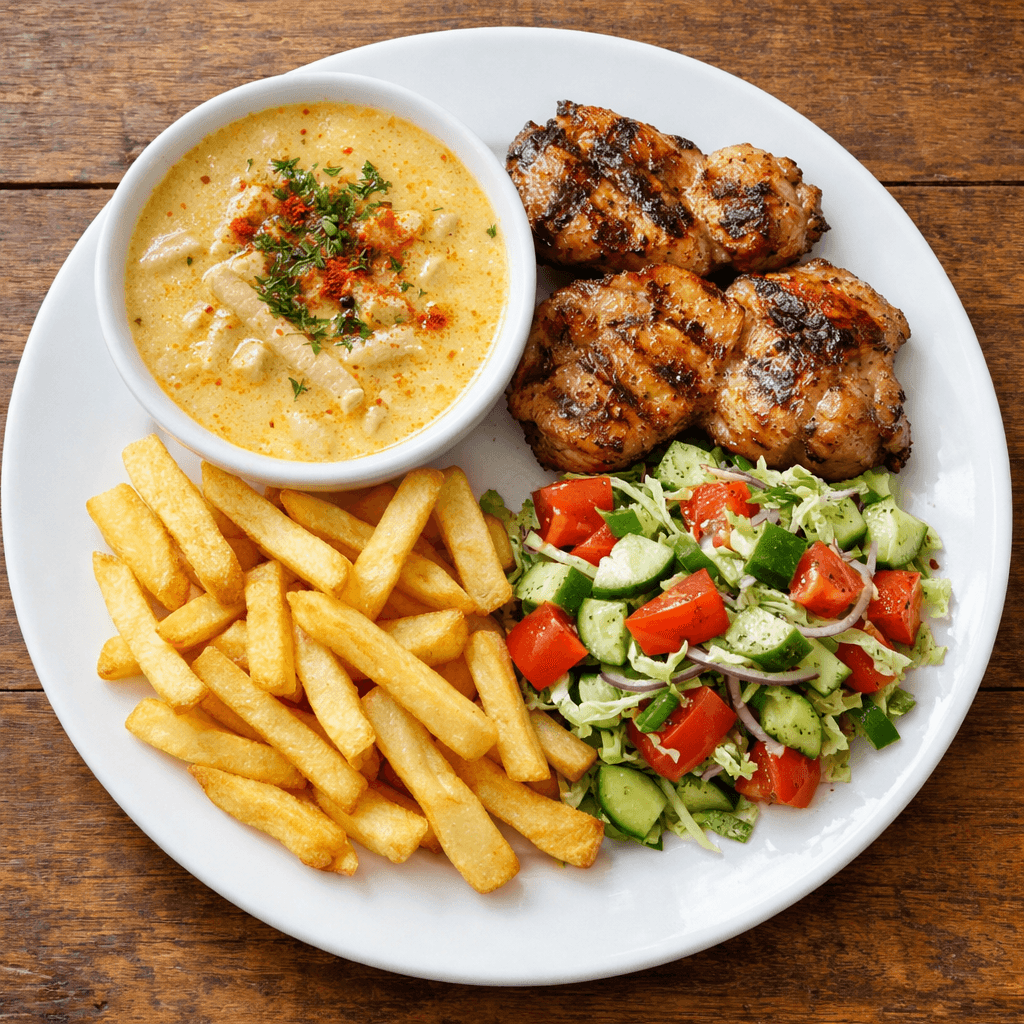 Meniul zilei wednesday - V1: Ciorba de burta, Pulpe de pui dezosate la gratar, Cartofi proaspeti prajiti,salata 