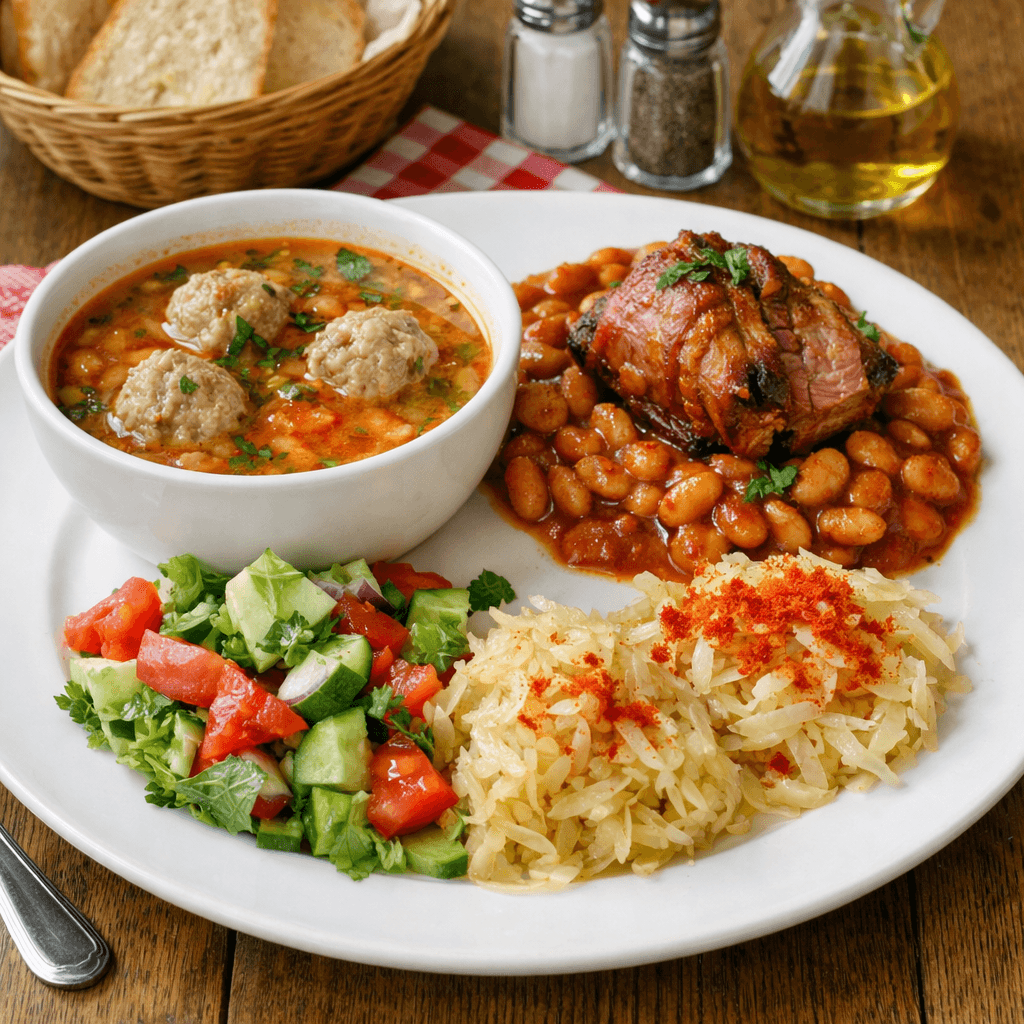 Meniul zilei wednesday - V2: Ciorba ardeleneasca cu perisoare, Iahnioe de fasole cu ciolan afumat,salata , varza murata cu ulei si boia