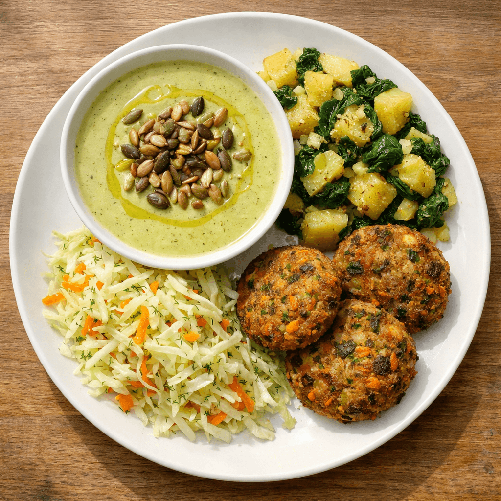 Meniul zilei wednesday - V3: Supa crema dovlecei cu seminte coapte, Cartofi cu spanac si usturoi, Chiftele din legume ,salata varza