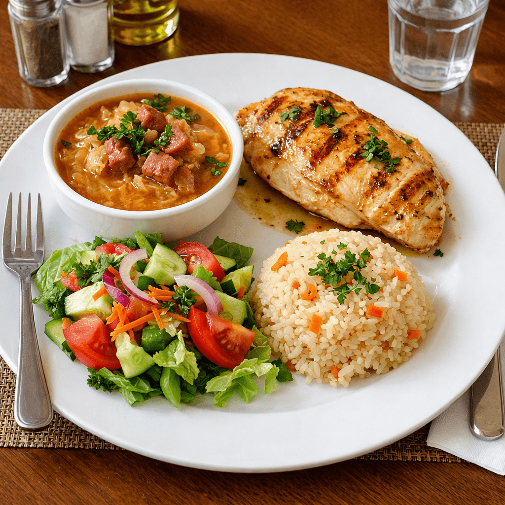 Meniul zilei tuesday - V2: Ciorba de varza cu afumatura, Steak piept de pui, Pilaf de orez, salata